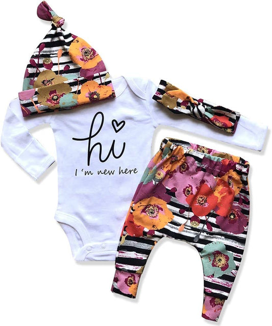 Newborn Baby Girl Clothes Im New Here Infant Newborn Outfit Cute Toddler Baby Girl Outfits 4PC Set