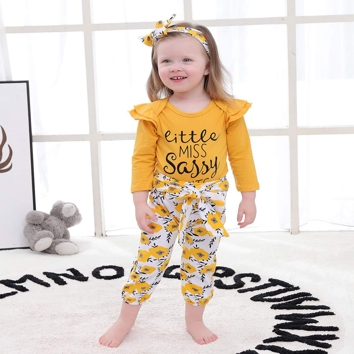 3 Pcs Infant Baby Girl Clothes Letter Print Long Sleeve Romper Flower Pant Headband Toddler Outfits Set