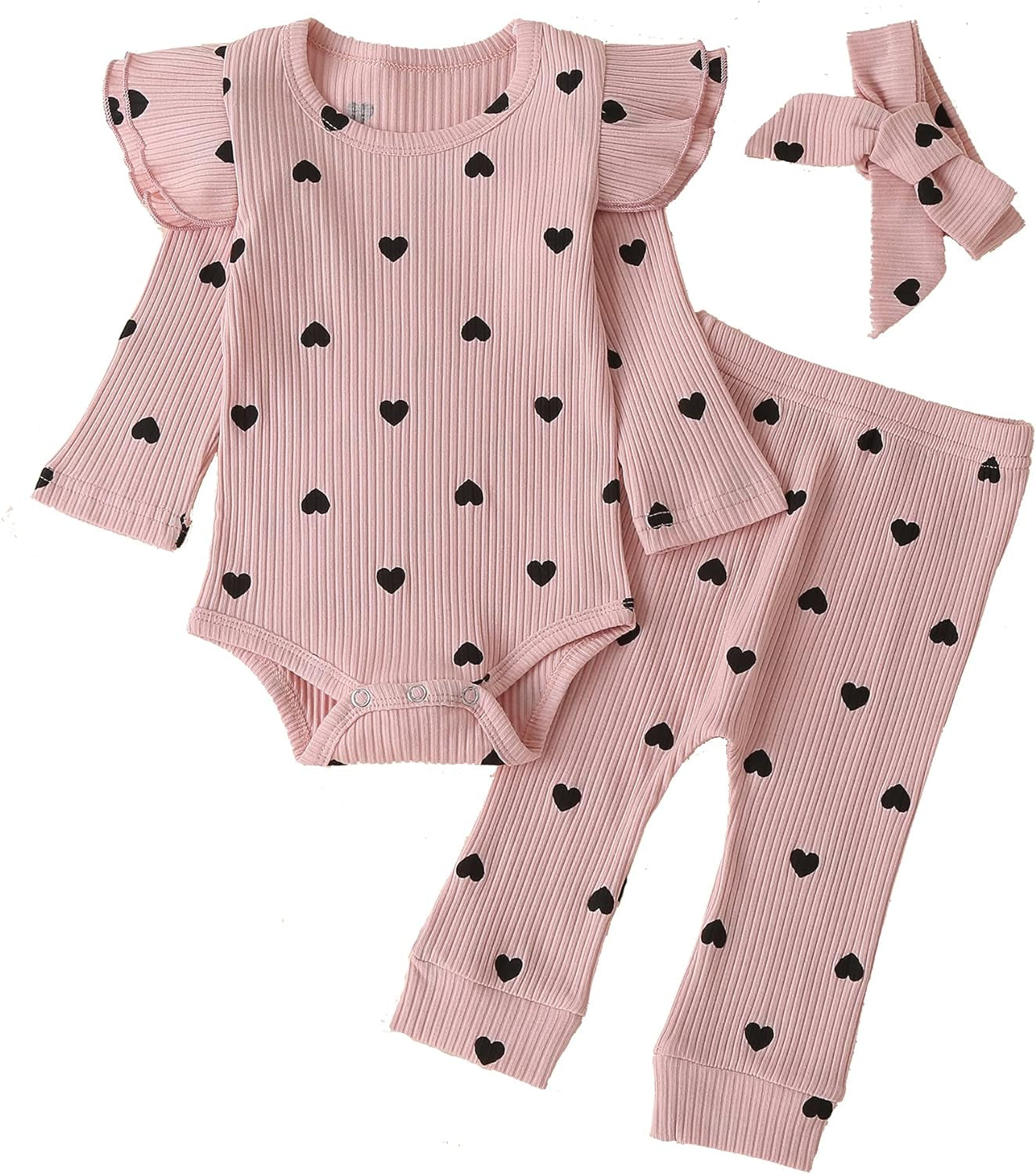 Baby Girl'S 3Pc Rib Frill Long Sleeve Romper and Pant Set